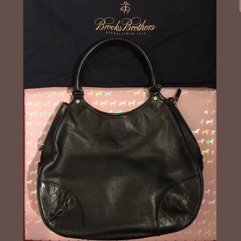 BROOKS BROTHERS Black Leather Hobo Shoulder Bag